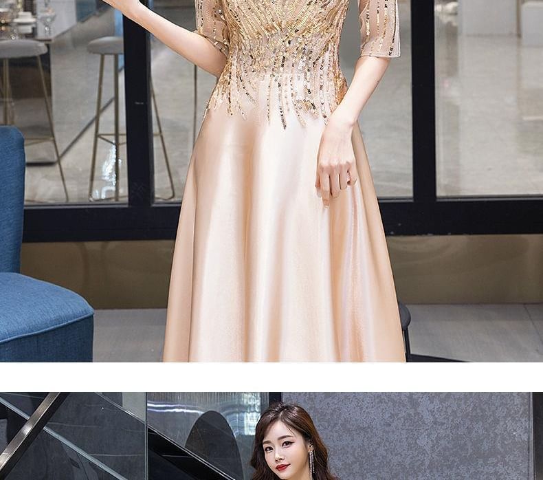 Sequin Short-Sleeve A-Line Evening Gown