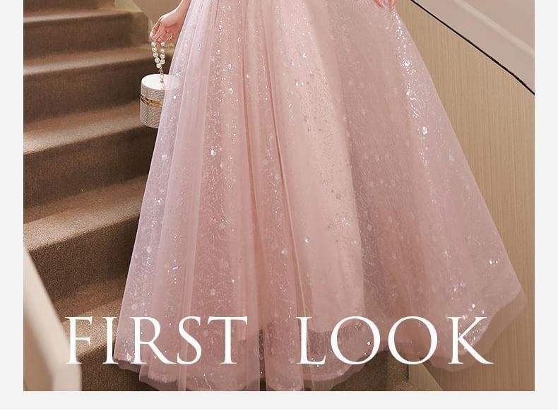 Gown Evening / Short-Sleeve Mesh Dress A-Line Glitter