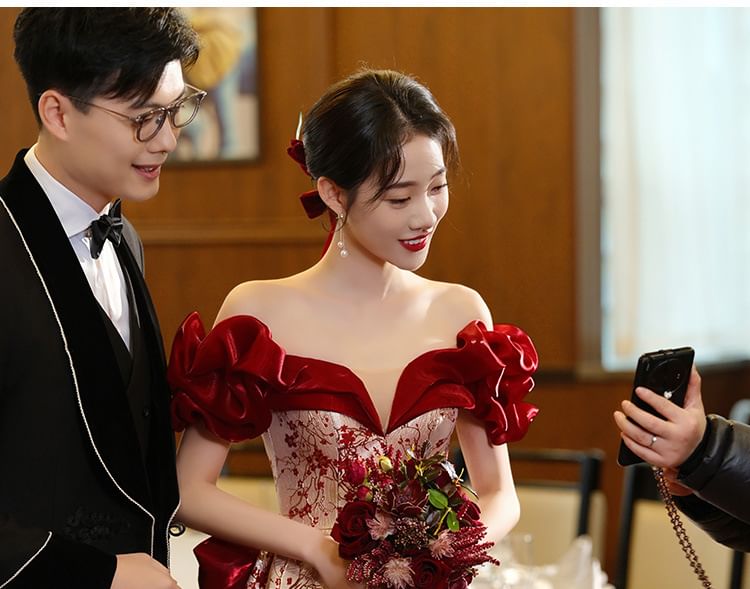 Shoulder Evening Floral Gown A-Line Dress Off /