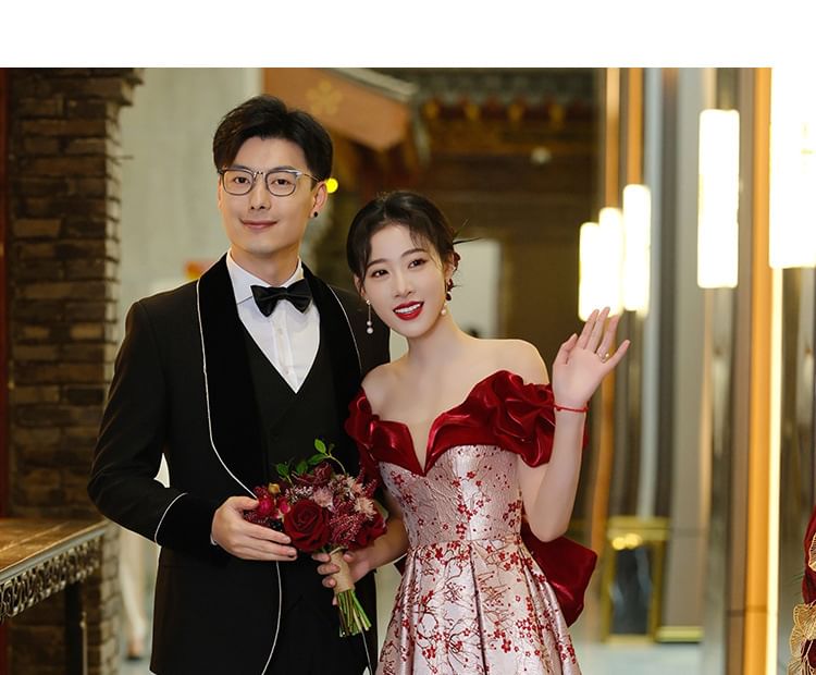 Shoulder Evening Floral Gown A-Line Dress Off /