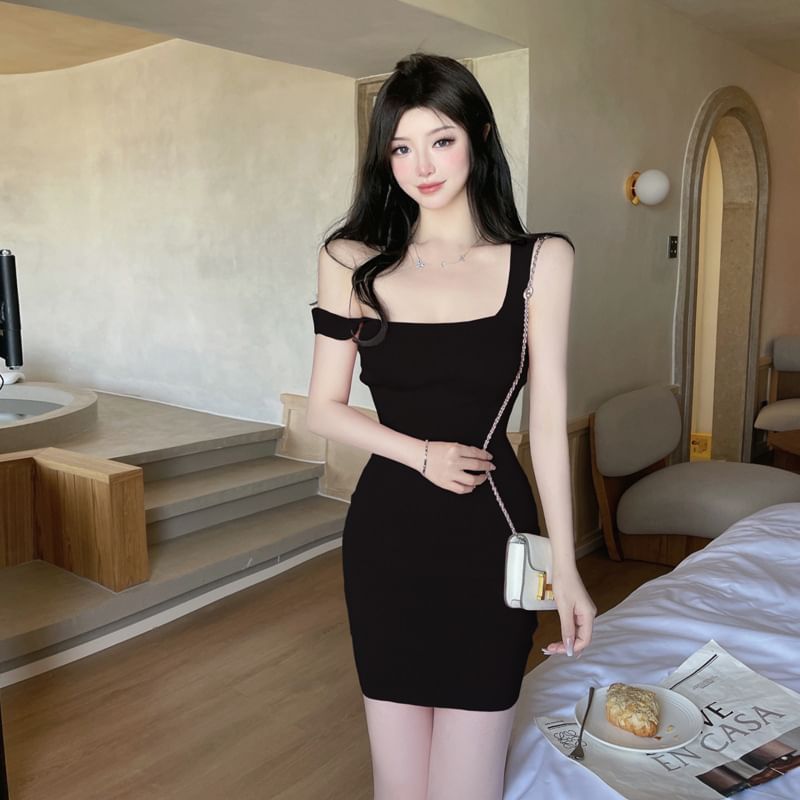 Dress Plain Mini Knit Sleeveless Sheath Neck Square