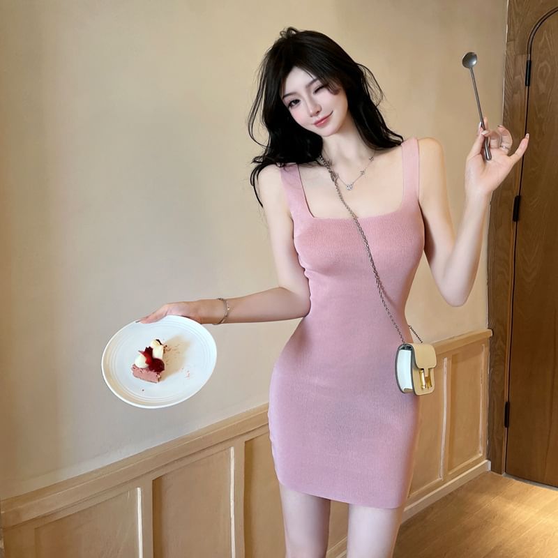 Dress Plain Mini Knit Sleeveless Sheath Neck Square