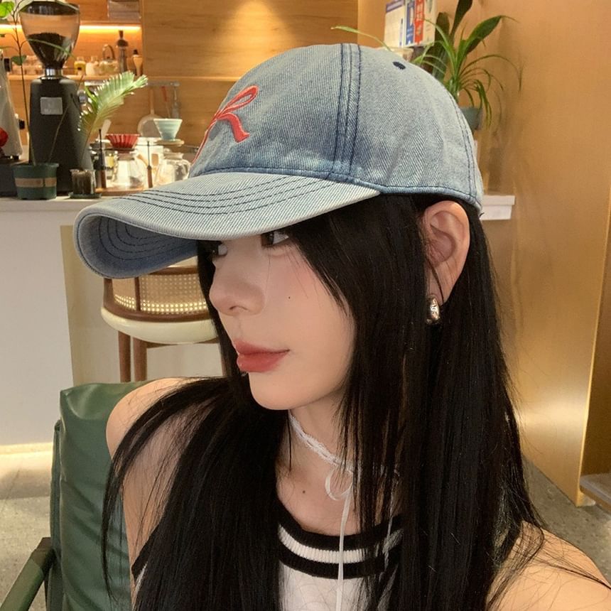 Washed Embroidered Bow Denim Cap Baseball