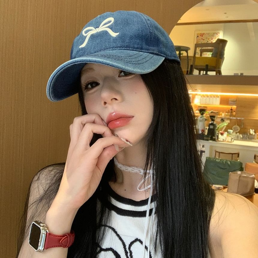 Washed Embroidered Bow Denim Cap Baseball
