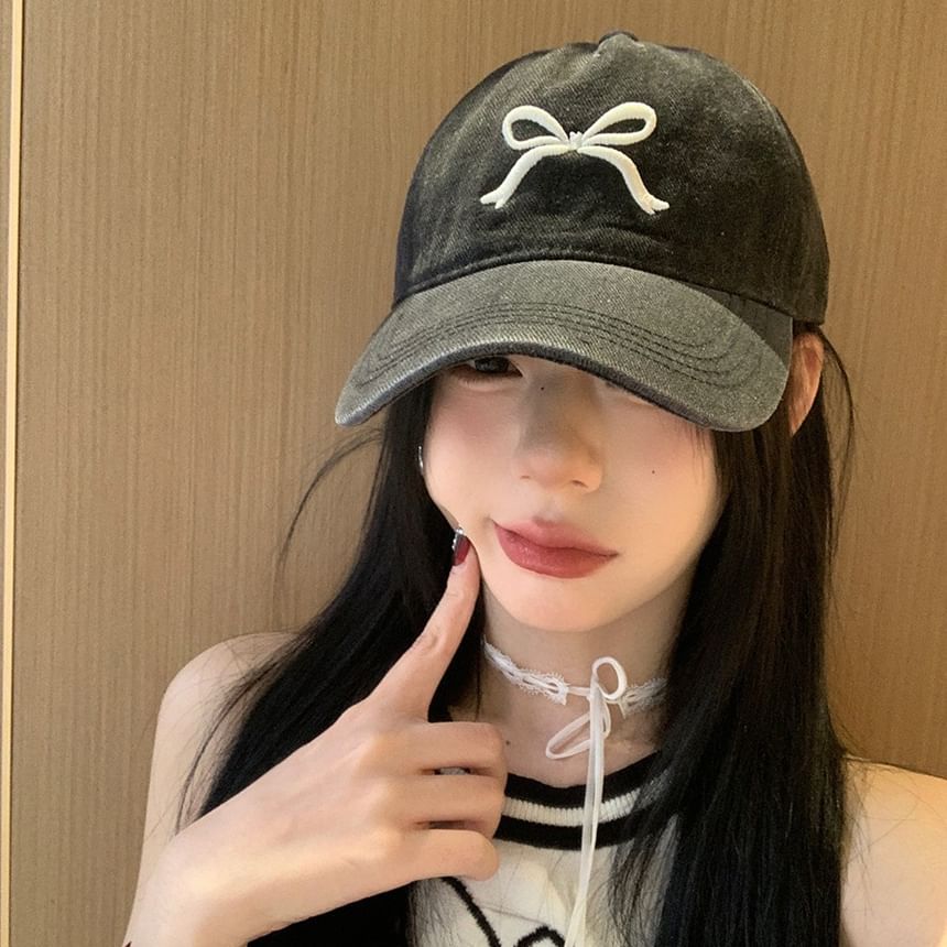 Washed Embroidered Bow Denim Cap Baseball