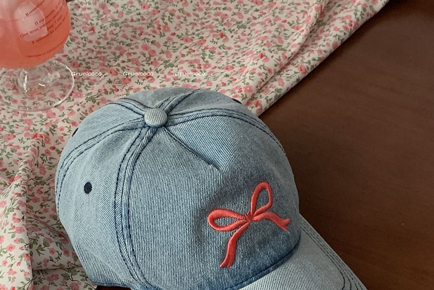 Washed Embroidered Bow Denim Cap Baseball