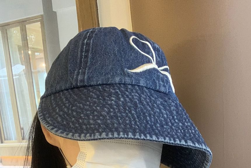Cap Embroidered Bow Wide Brim Denim Washed