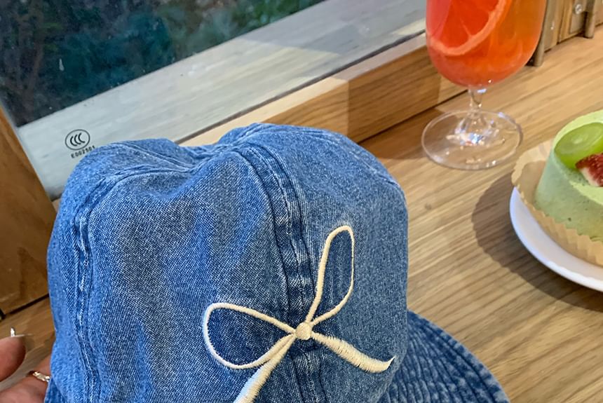 Cap Embroidered Bow Wide Brim Denim Washed