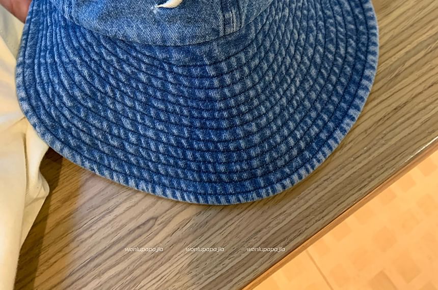 Cap Embroidered Bow Wide Brim Denim Washed