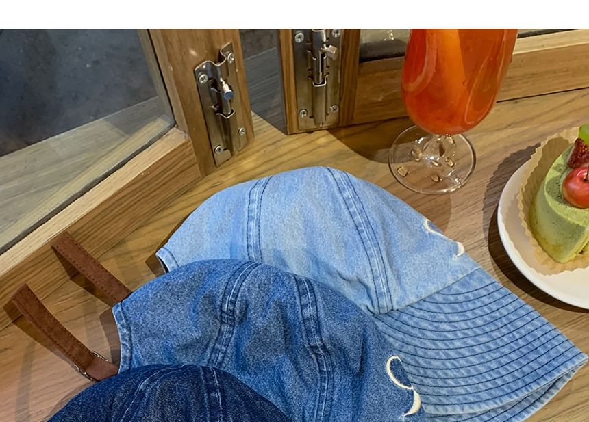 Cap Embroidered Bow Wide Brim Denim Washed