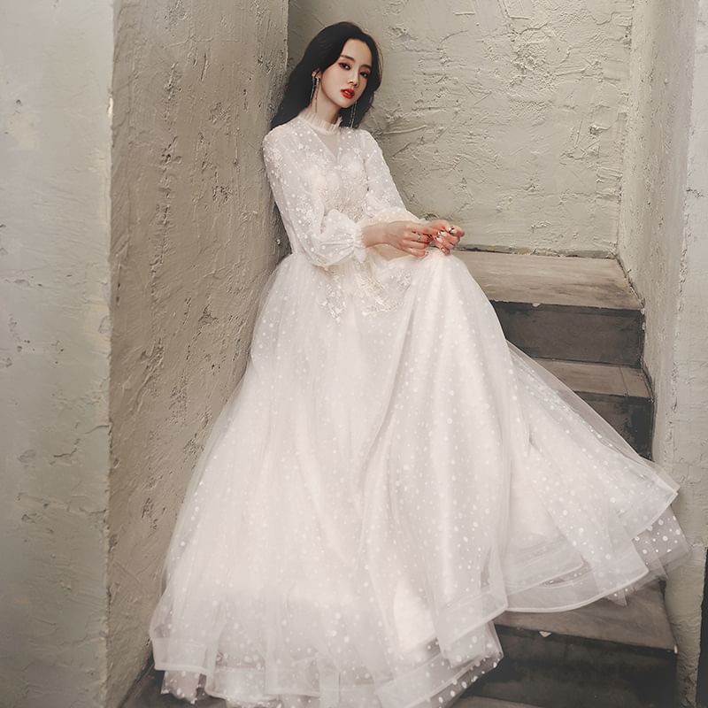 Evening Designs) (Various Floral Gown Mock A-Line Neck Plain Long-Sleeve