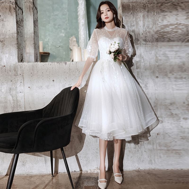 Evening Designs) (Various Floral Gown Mock A-Line Neck Plain Long-Sleeve