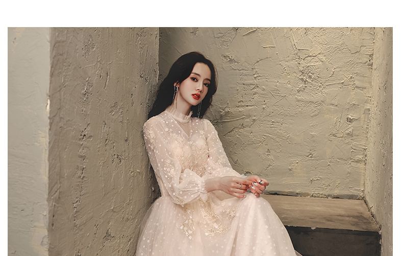 Evening Designs) (Various Floral Gown Mock A-Line Neck Plain Long-Sleeve
