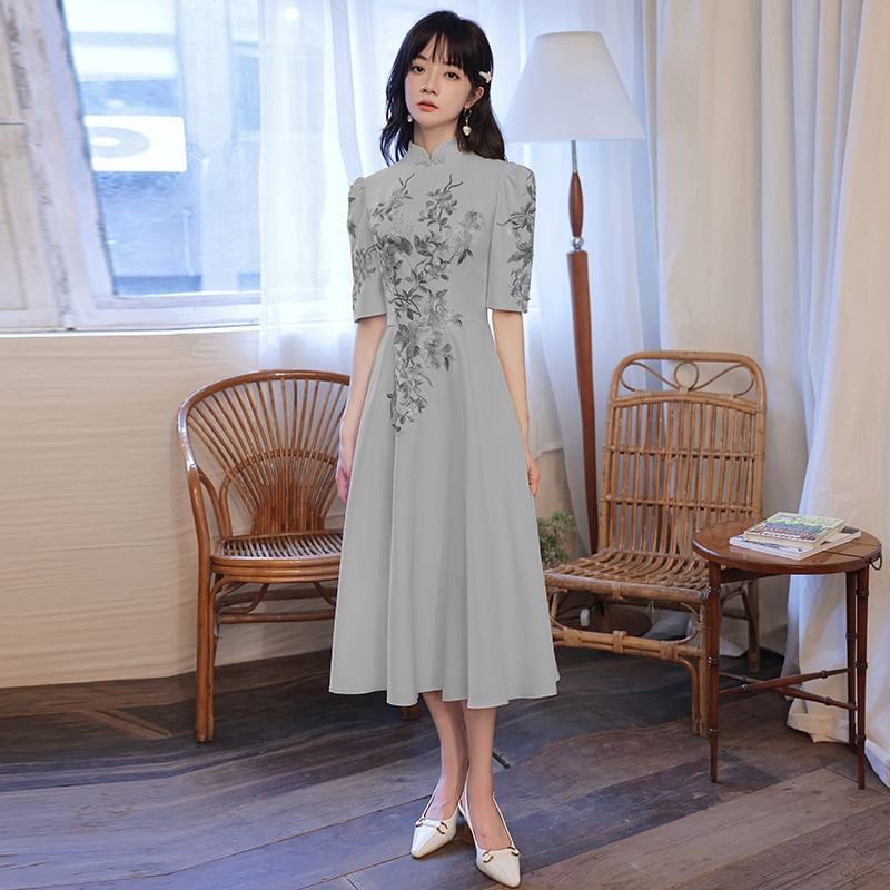 Evening Gown A-Line (Various Short-Sleeve Designs) Floral Embroidered