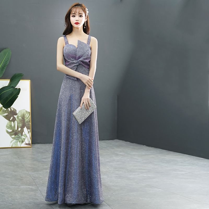 Gown Plain Wide Evening A-Line Knotted Asymmetrical Strap