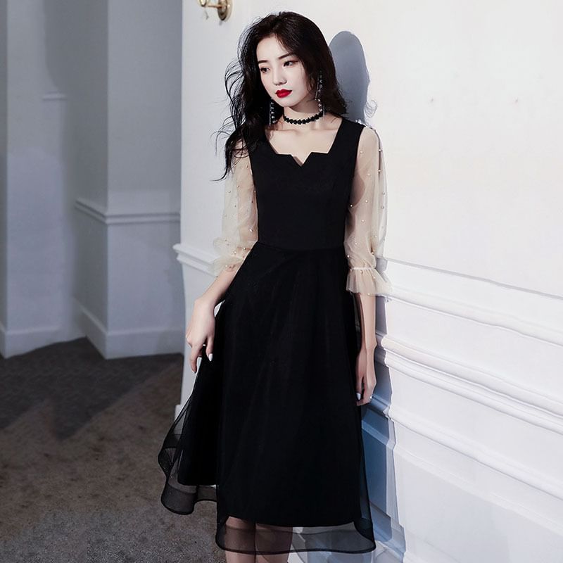 / Gown A-Line Pearl Square-Neck Cocktail Puff-Sleeve Mesh Paneled Evening Faux Dress