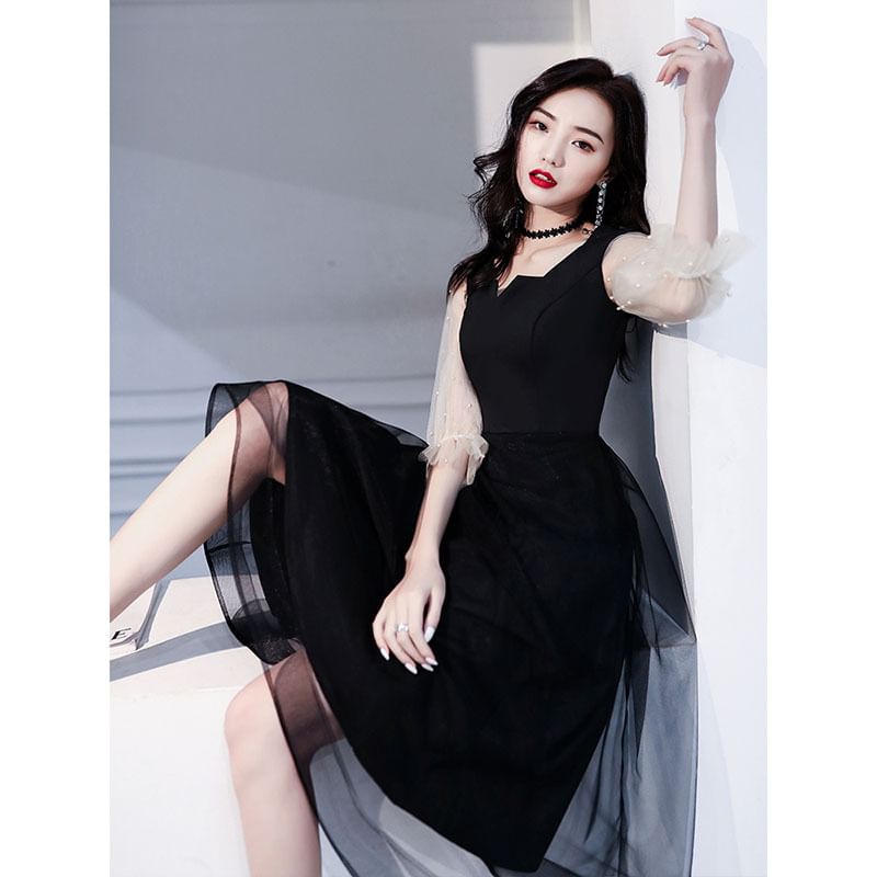 / Gown A-Line Pearl Square-Neck Cocktail Puff-Sleeve Mesh Paneled Evening Faux Dress