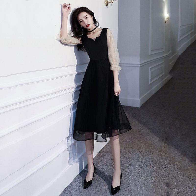 / Gown A-Line Pearl Square-Neck Cocktail Puff-Sleeve Mesh Paneled Evening Faux Dress