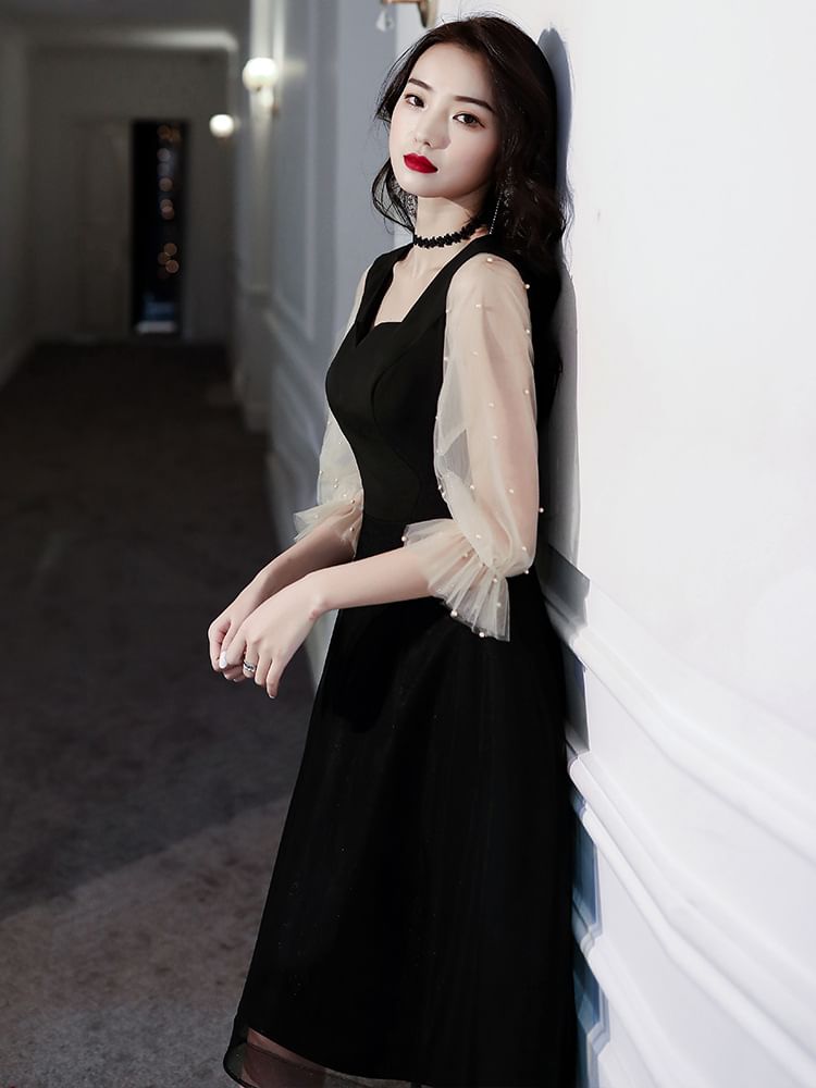 / Gown A-Line Pearl Square-Neck Cocktail Puff-Sleeve Mesh Paneled Evening Faux Dress