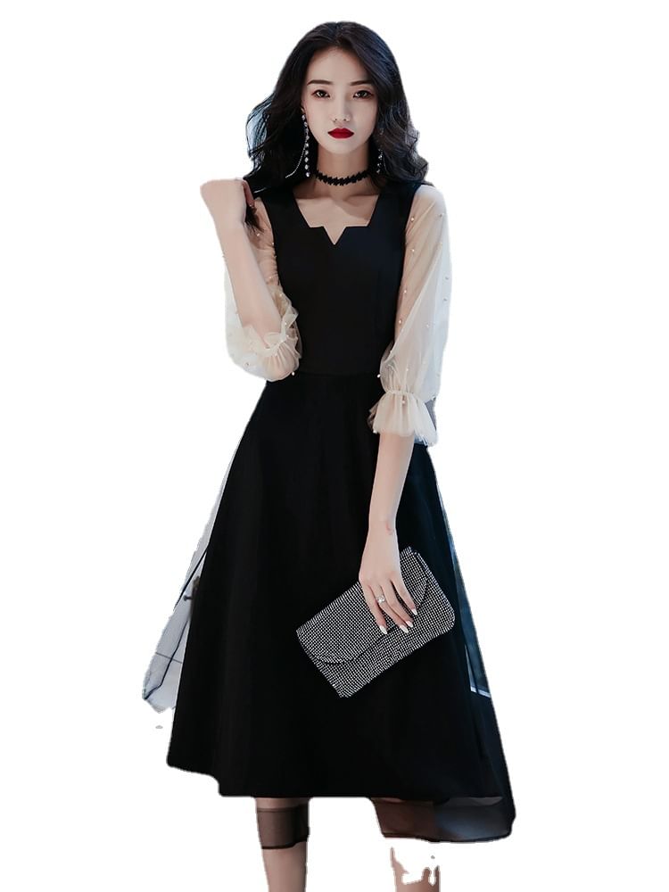 / Gown A-Line Pearl Square-Neck Cocktail Puff-Sleeve Mesh Paneled Evening Faux Dress