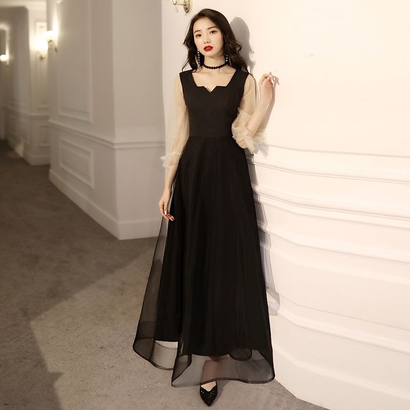 / Gown A-Line Pearl Square-Neck Cocktail Puff-Sleeve Mesh Paneled Evening Faux Dress