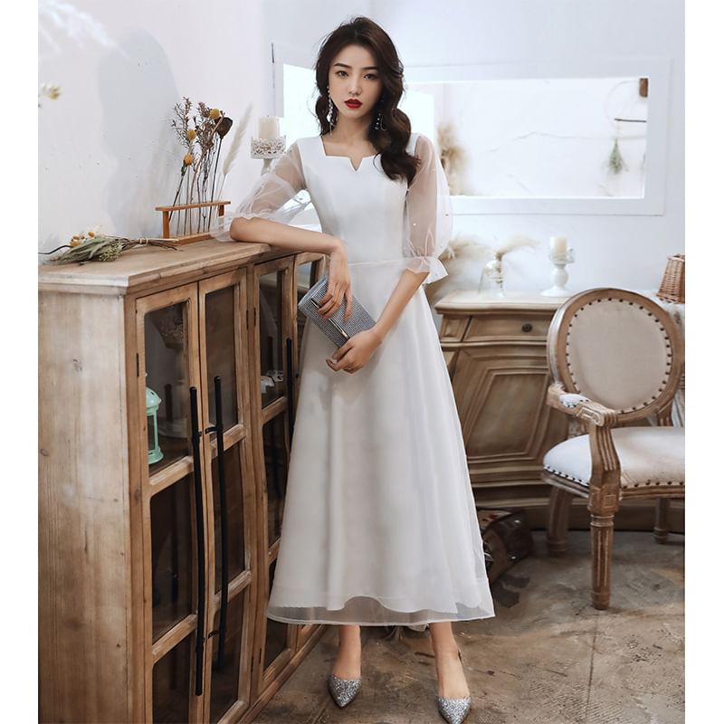 Mesh Pearl Evening Dress Cocktail Paneled Puff-Sleeve Gown Faux / Square-Neck A-Line