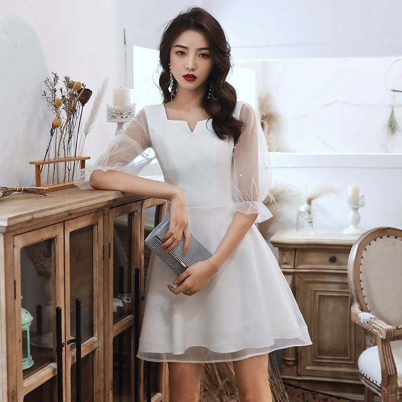 Mesh Pearl Evening Dress Cocktail Paneled Puff-Sleeve Gown Faux / Square-Neck A-Line