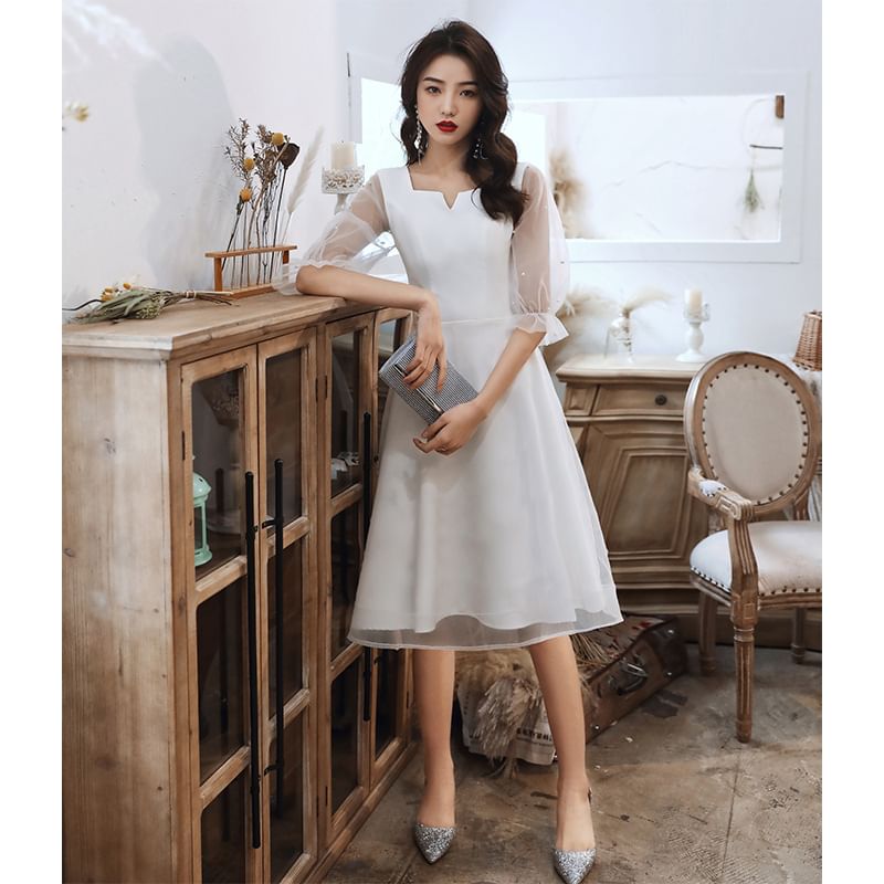 Mesh Pearl Evening Dress Cocktail Paneled Puff-Sleeve Gown Faux / Square-Neck A-Line