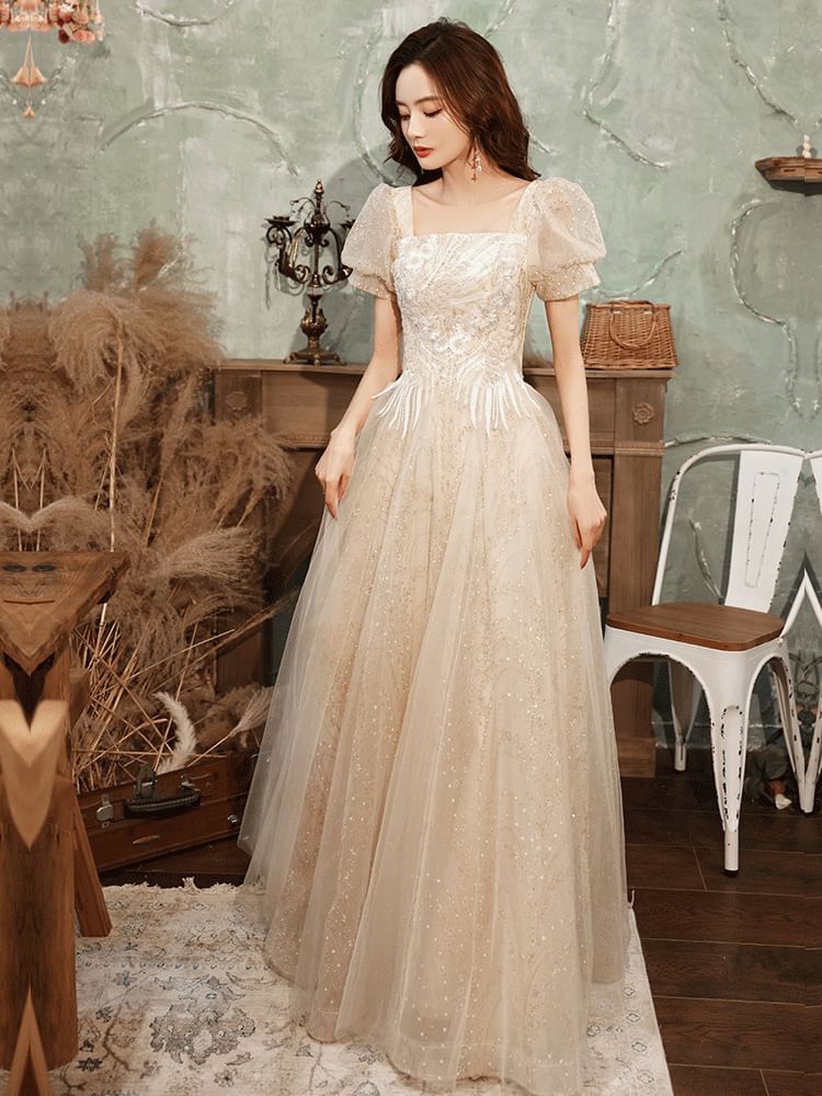 Floral Gown Puff-Sleeve Sequined Square-Neck A-Line Evening Designs) (Various
