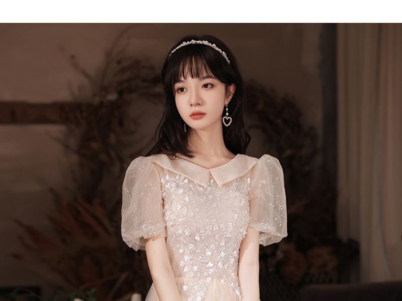 Evening Designs) Gown (Various Puff-Sleeve Floral Sequined Square-Neck A-Line