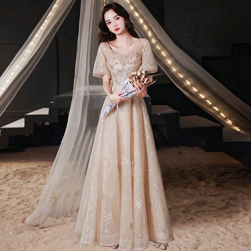 Designs) A-Line Square-Neck Sequined Evening Floral Gown Puff-Sleeve (Various