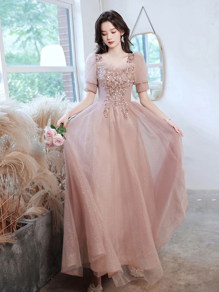 Evening (Various Square-Neck A-Line Floral Gown Designs) Sequined Puff-Sleeve