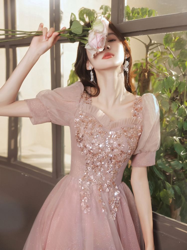 Evening (Various Square-Neck A-Line Floral Gown Designs) Sequined Puff-Sleeve