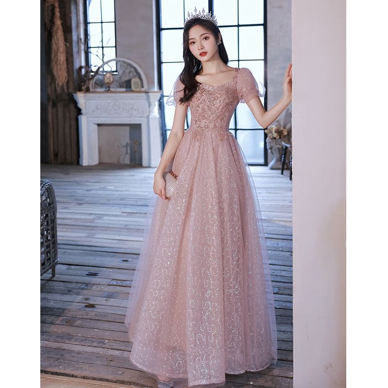 Gown (Various Puff-Sleeve A-Line Designs) Sequined Square-Neck Evening Floral