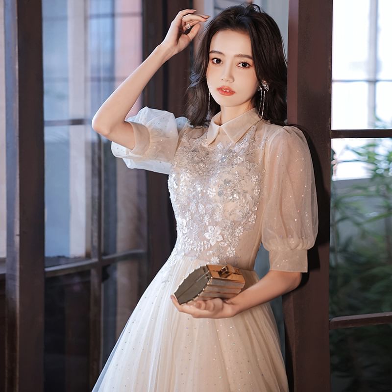 A-Line Square-Neck Evening (Various Puff-Sleeve Floral Sequined Designs) Gown