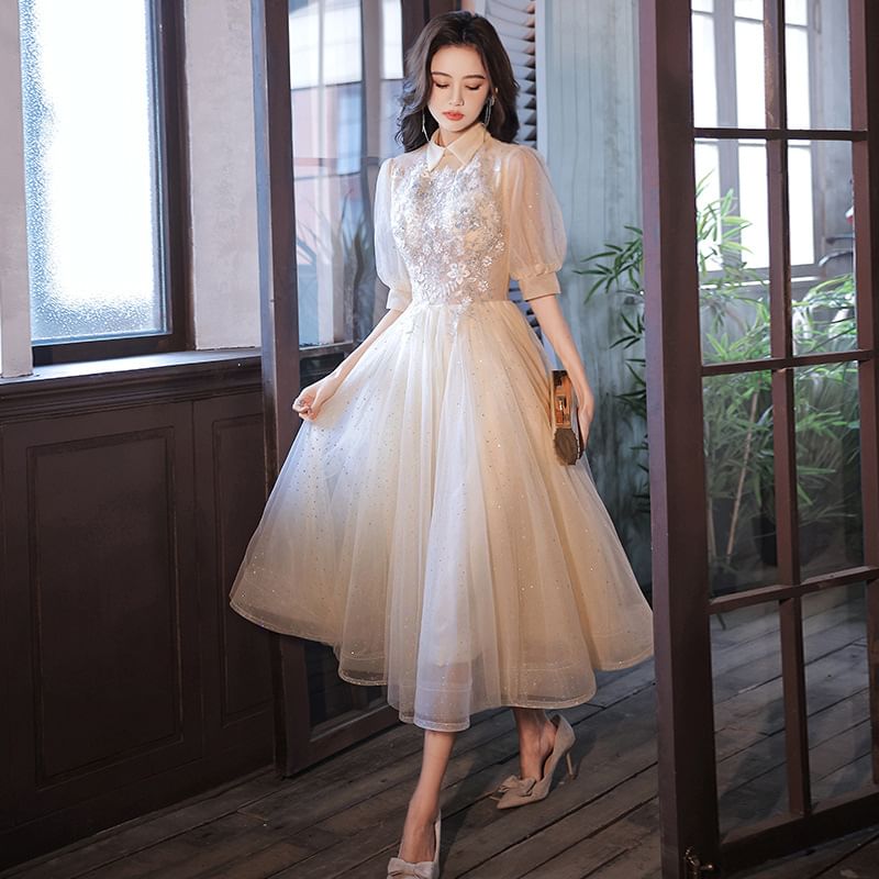 A-Line Square-Neck Evening (Various Puff-Sleeve Floral Sequined Designs) Gown