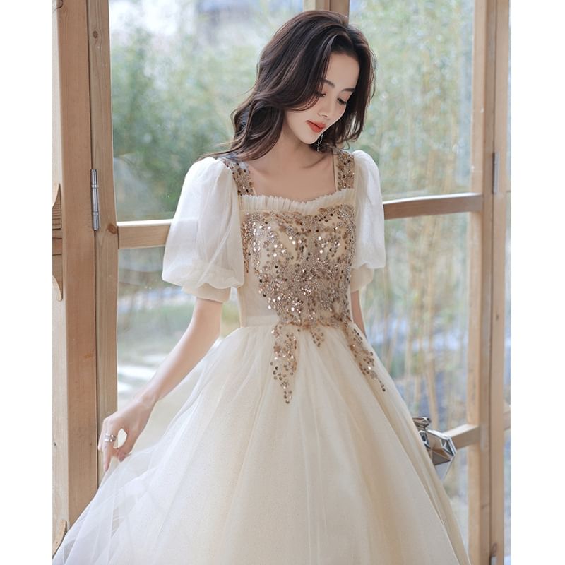 (Various Gown Designs) Square-Neck Floral A-Line Sequined Evening Puff-Sleeve