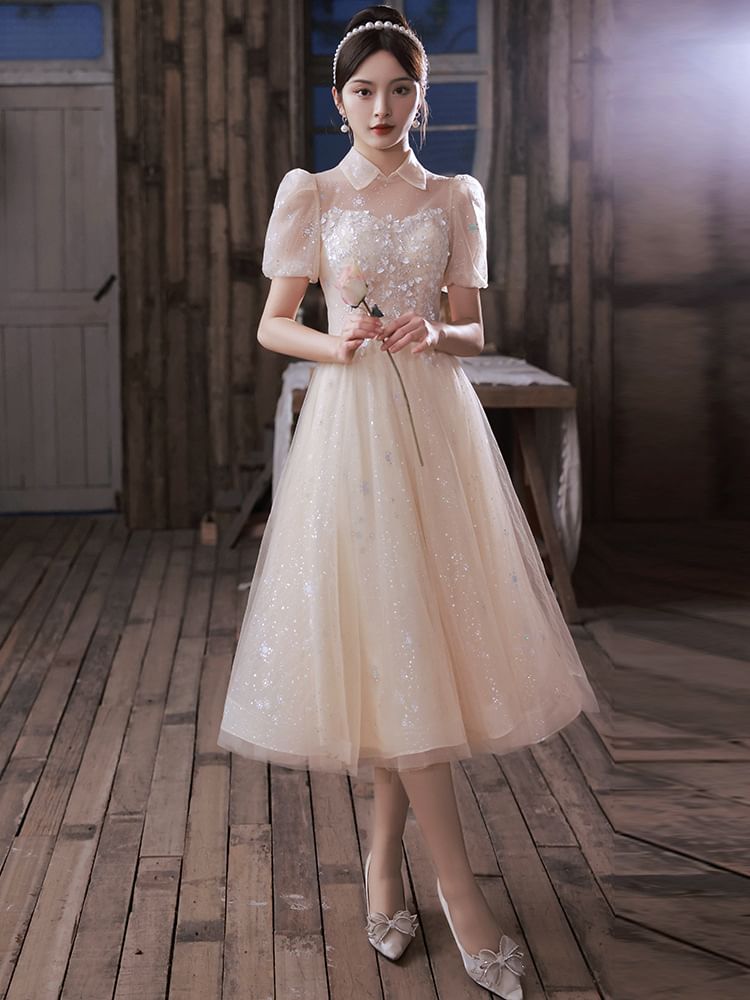 Designs) Puff-Sleeve Evening Gown A-Line (Various Floral Square-Neck Sequined