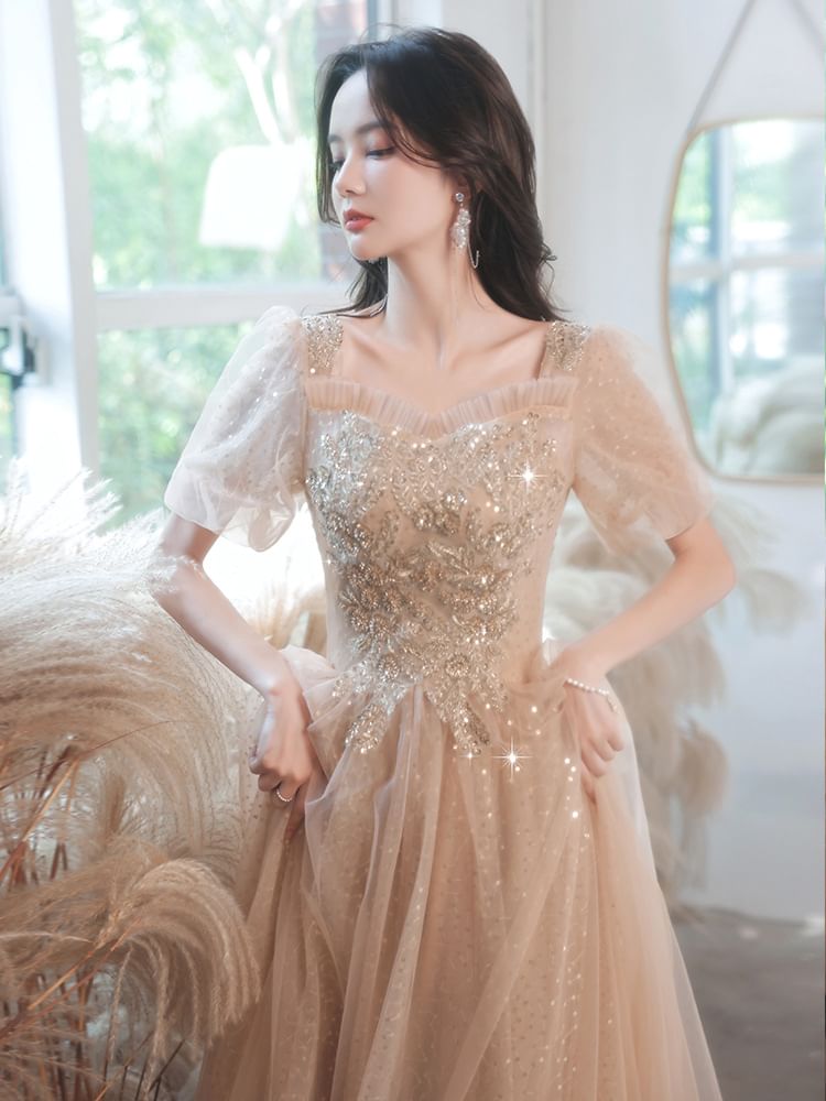 Floral Designs) A-Line Gown Sequined (Various Puff-Sleeve Evening Square-Neck