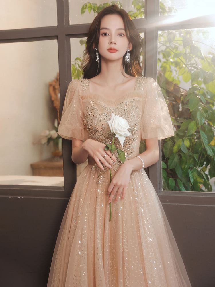 Floral Designs) A-Line Gown Sequined (Various Puff-Sleeve Evening Square-Neck