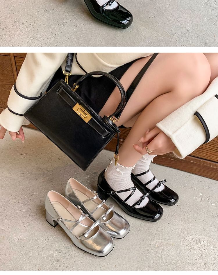 Strappy Jane Mary Bow Chunky Heel Pumps