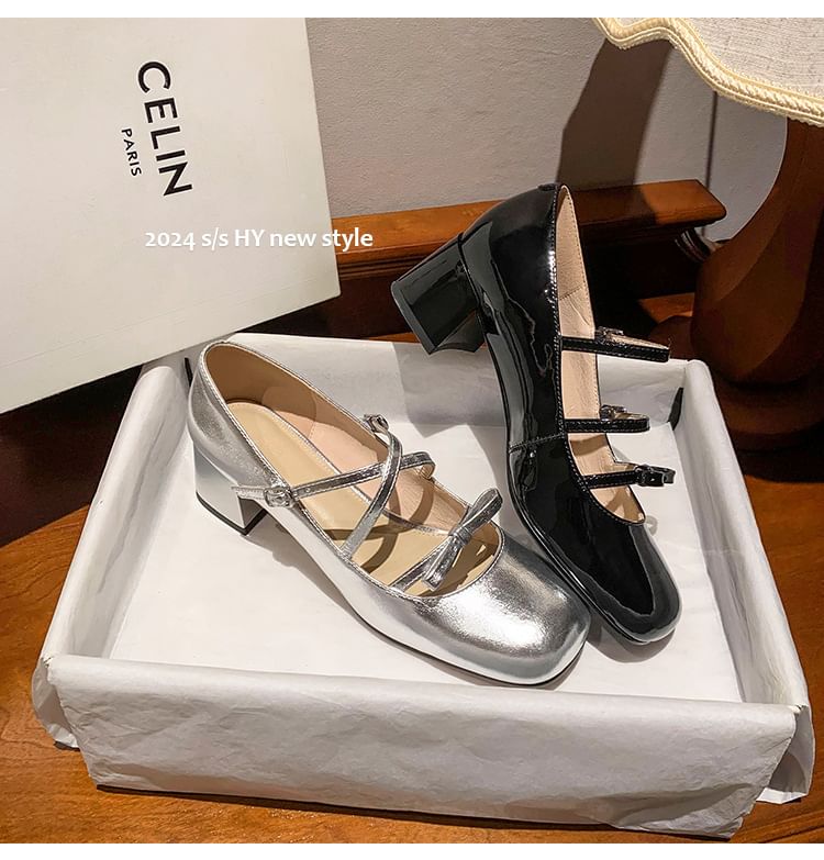 Strappy Jane Mary Bow Chunky Heel Pumps