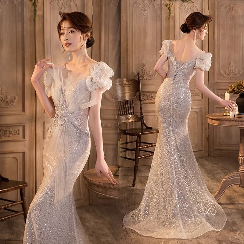 Puff-Sleeve Mesh Sequin Gown Mermaid V-Neck Evening Panel
