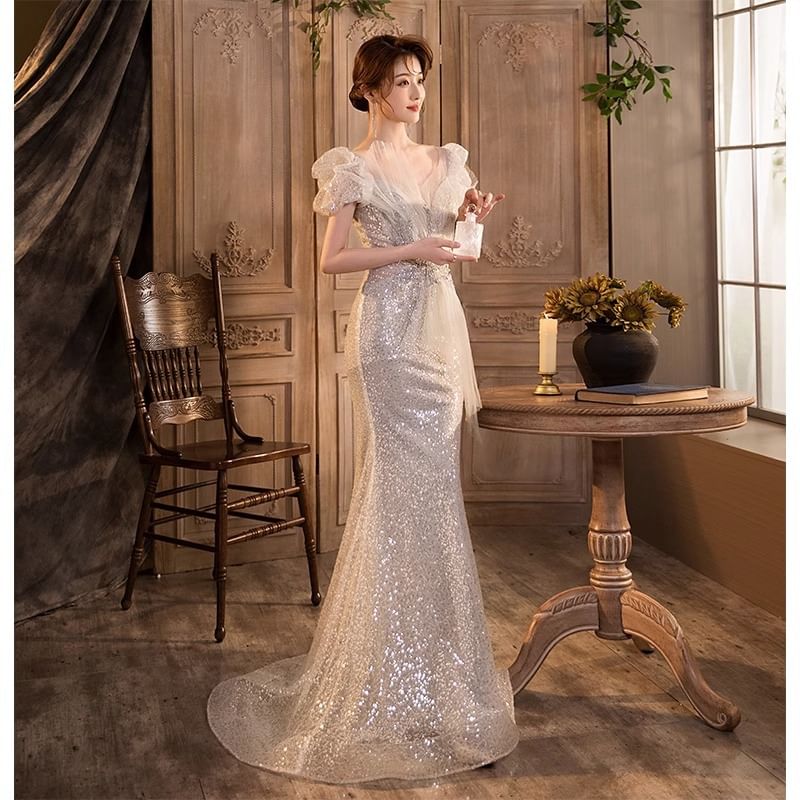 Puff-Sleeve Mesh Sequin Gown Mermaid V-Neck Evening Panel