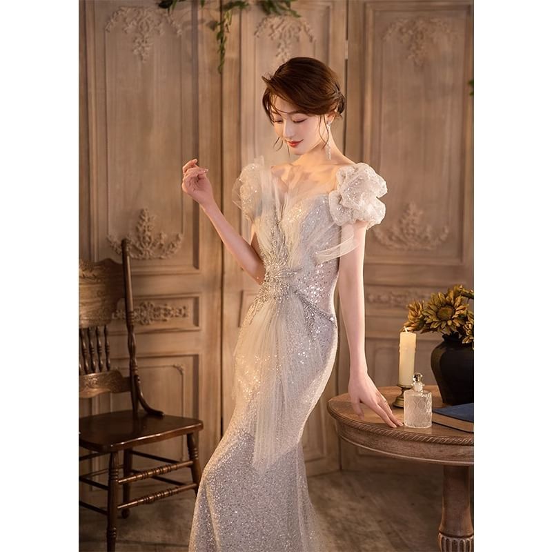 Puff-Sleeve Mesh Sequin Gown Mermaid V-Neck Evening Panel