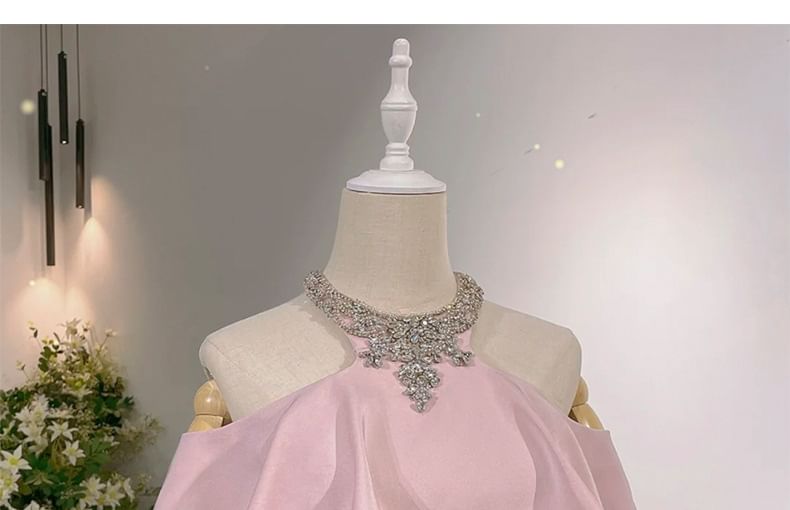 Rhinestone Gown Short-Sleeve Accent Mermaid Cold Neck Halter Plain Evening Shoulder