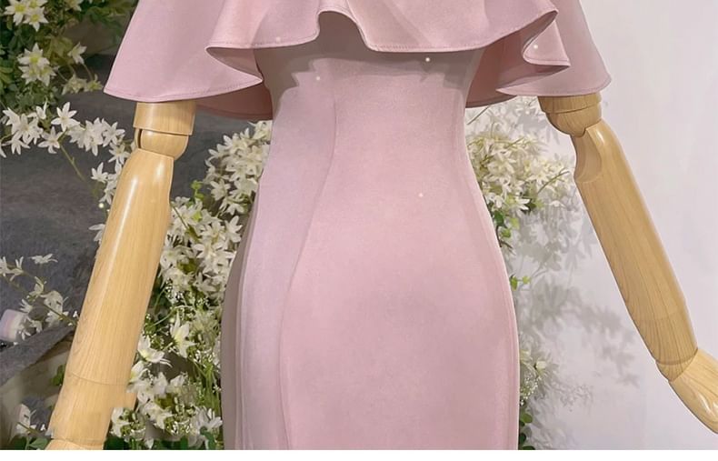 Rhinestone Gown Short-Sleeve Accent Mermaid Cold Neck Halter Plain Evening Shoulder