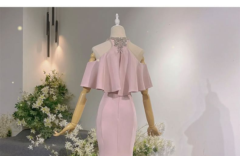Rhinestone Gown Short-Sleeve Accent Mermaid Cold Neck Halter Plain Evening Shoulder