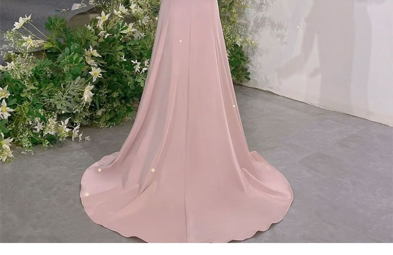 Rhinestone Gown Short-Sleeve Accent Mermaid Cold Neck Halter Plain Evening Shoulder