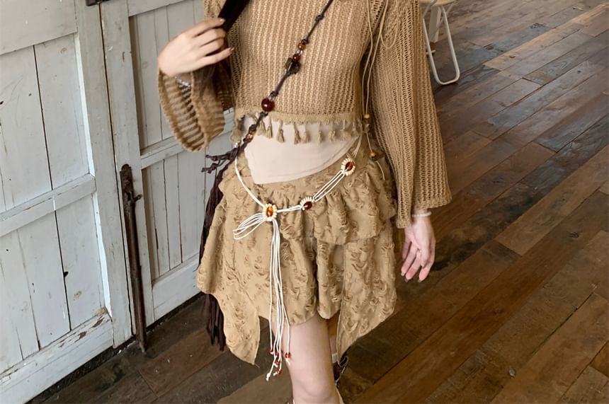 Sweater Skirt Waist Plain Cami A-Line Chain / Rise Top Mini Beaded Detail Mid Cropped Asymmetrical Distressed Tassel